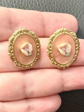 Vintage porcelain rose enamel earrings oval shape